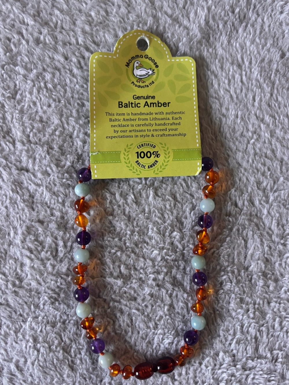Momma Goose Genuine Baltic Amber Kids Necklace - Amber, Purple & Cream